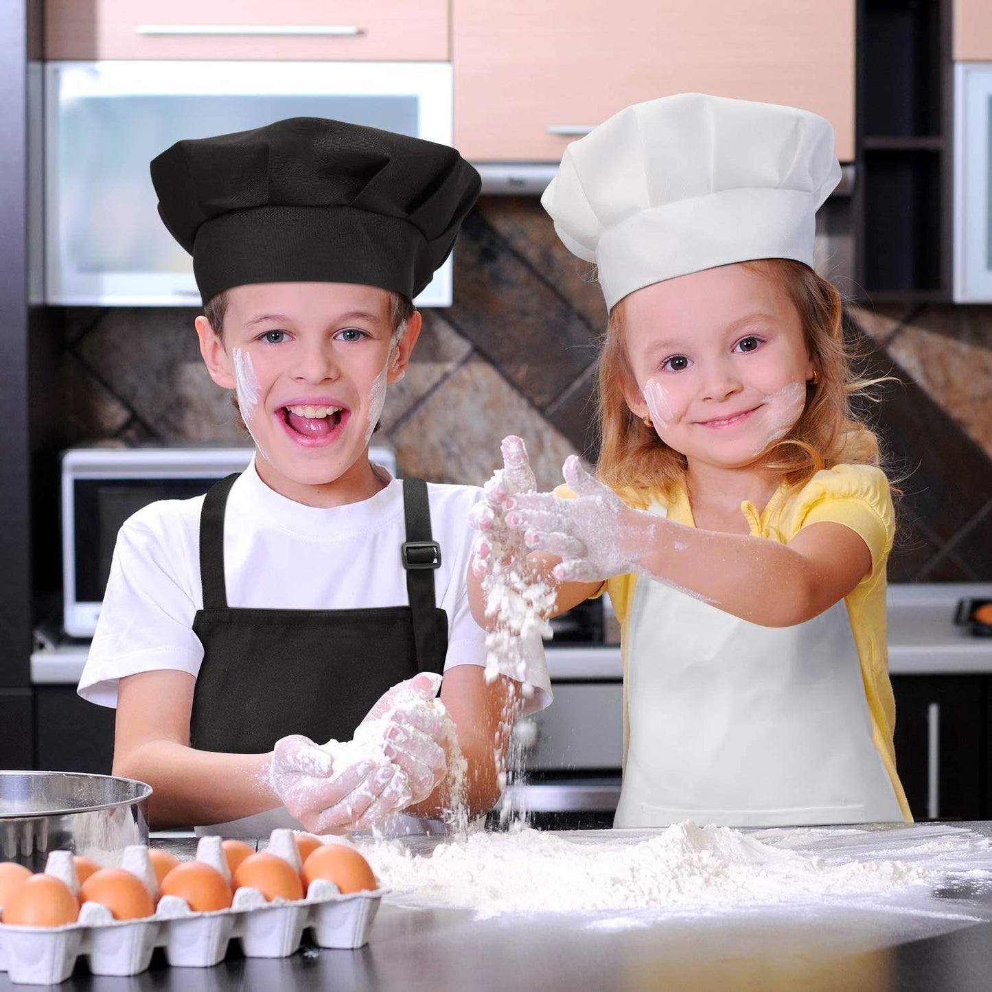 CHENGU 6 Pcs Kids Apron and Chef Hat Set Adjustable Child Apron with 2 Pockets for Boys Girls Toddler Cooking Baking Painting Kitchen, Red, Black, White(Large,Color 1)