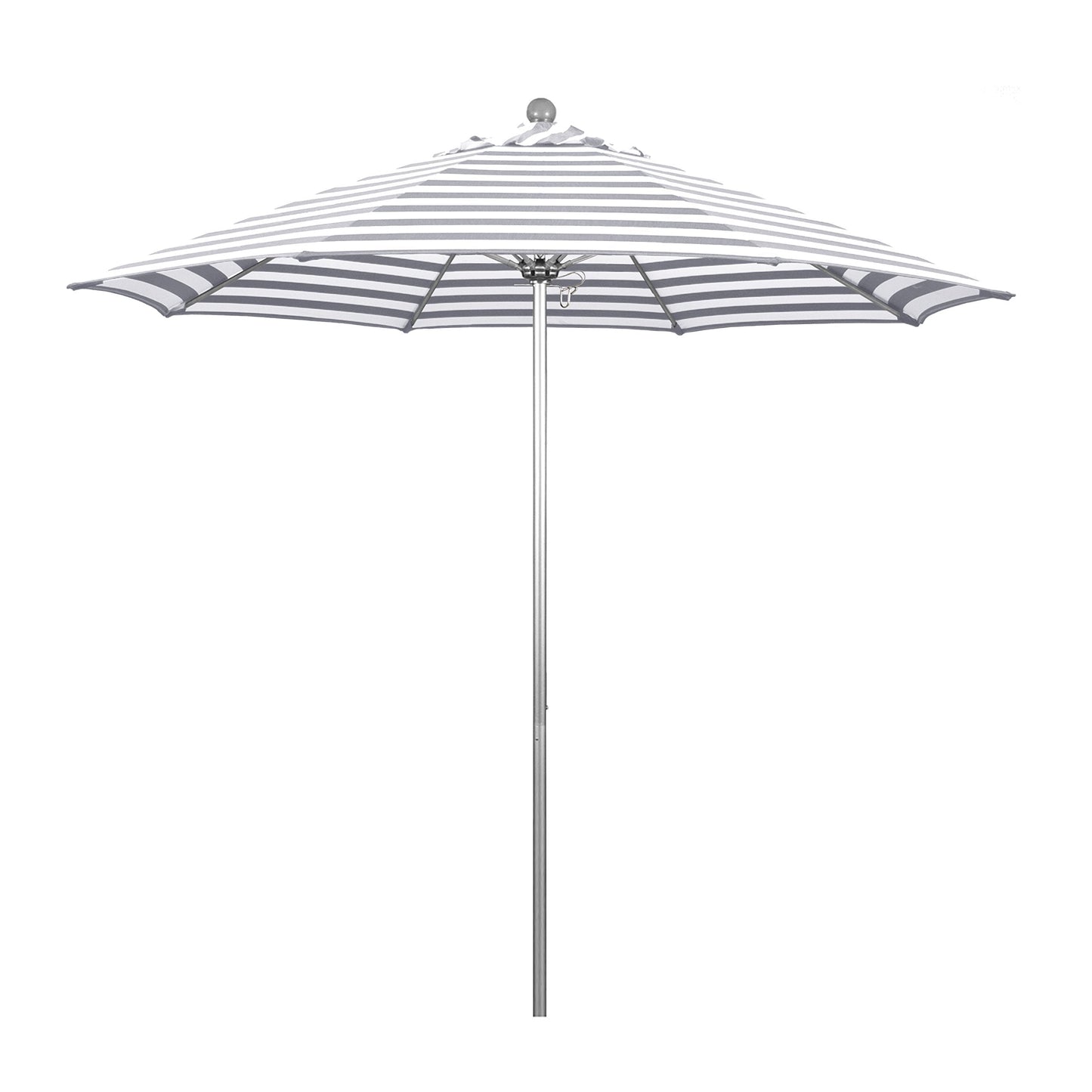 California Umbrella 9' Round Contract Grade Patio Umbrella, Push Open, Silver Finish, Gray/White Olefin