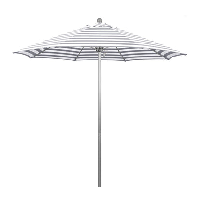 California Umbrella 9' Round Contract Grade Patio Umbrella, Push Open, Silver Finish, Gray/White Olefin