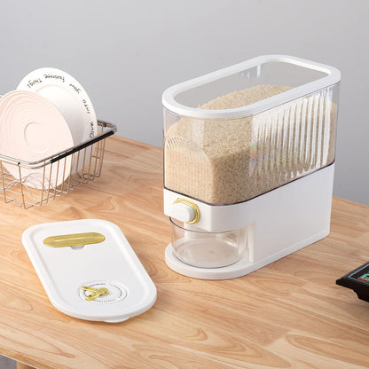 Sooyee 11Lbs Rice Dispenser, Large Grain Container Storage with Lid, Measuring Cylinder, Moisture Proof Household Cereal Dispenser Bucket for Kitchen Soybean Corn, Clear and White