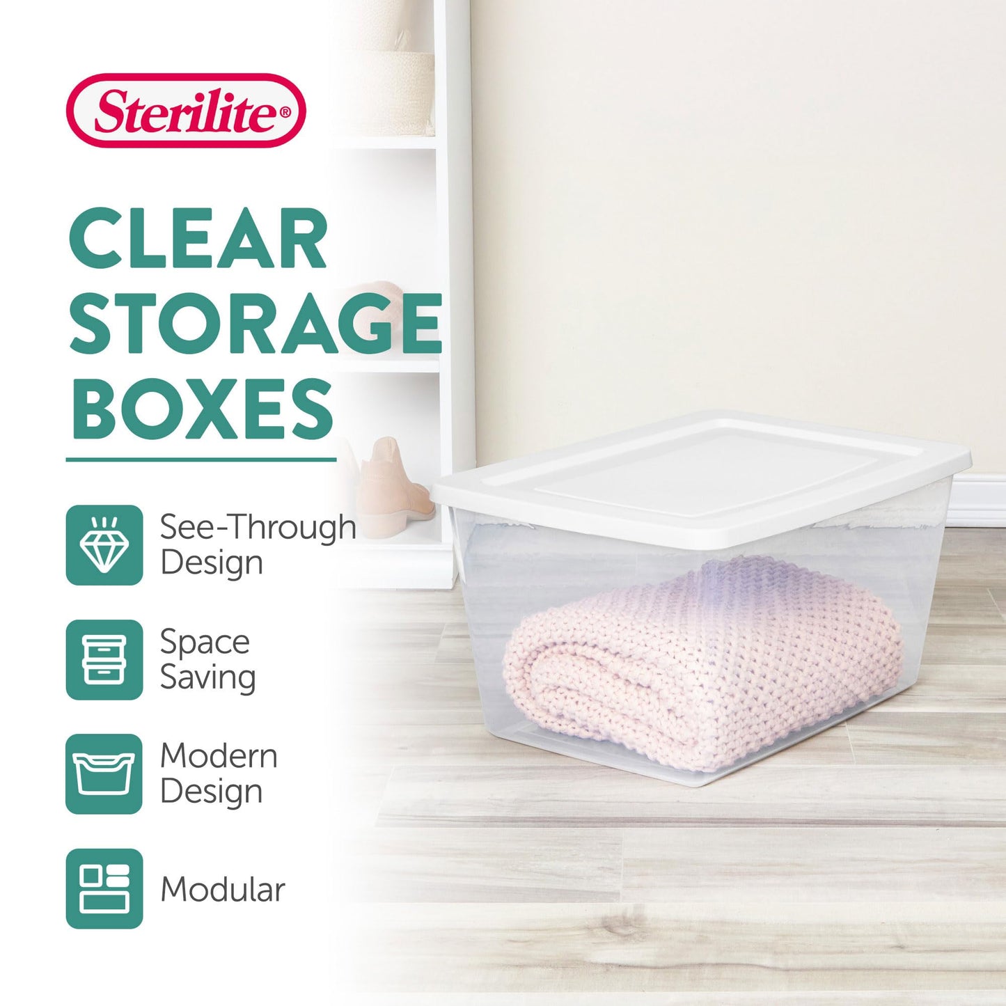 Sterilite 32 Pack Storage Box, 58 Quart Stackable Tote, Clear Plastic Container with Secure Snapping Lids for Home and Office Organization, White