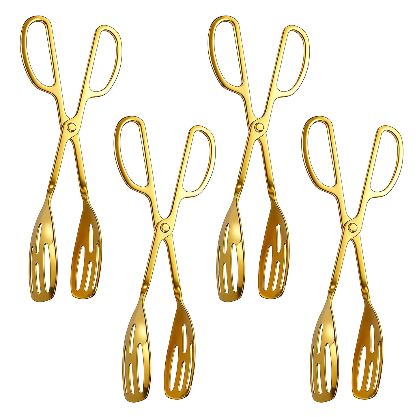 Oqqlin 4 Pcs Gold Serving Tongs, 10 Inch Stainless Steel Scissor Style Tong Non-Slip Buffet Tongs for Steak, Salad, Fruit, Snack, Barbecue