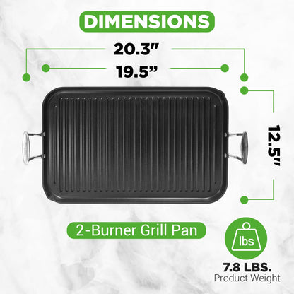 NutriChef 20"x13" Stove Top Grill Pan - Double Burner, Hard-Anodized Non stick Grill & Griddle Pan