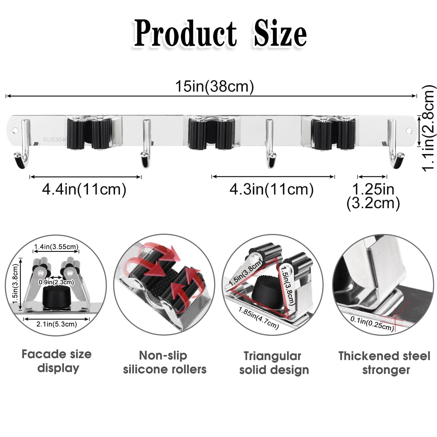 AceMining 5 Racks and 4 Hooks Mop and Broom Holder Wall Mount, Broom Organizer Storage Tool Racks Stainless Steel Heavy Duty Hooks Self Adhesive Solid Non-slip for Home Kitchen Garden Laundry Garage