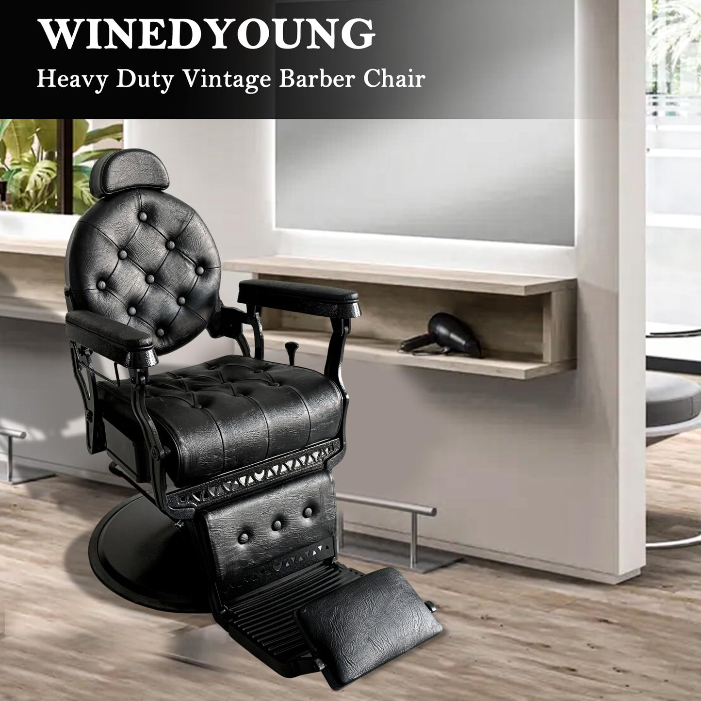 WINEDYOUNG Heavy Duty Vintage Recline Barber Chair All Purpose Reclining Salon Chair 360° Rotatable Barber Chair, Hydraulic with Headrest, Professional Salon Beauty Spa Shampoo Equipment
