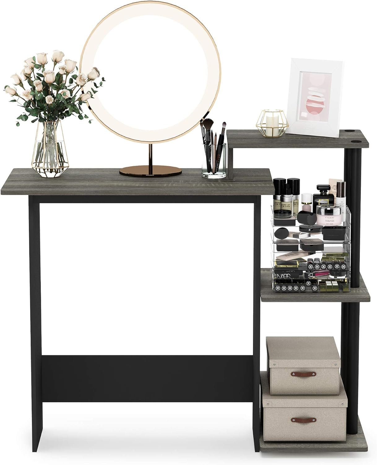 Furinno Efficient Home Laptop Notebook Computer Desk with Square Shelves, French Oak/Black Finish