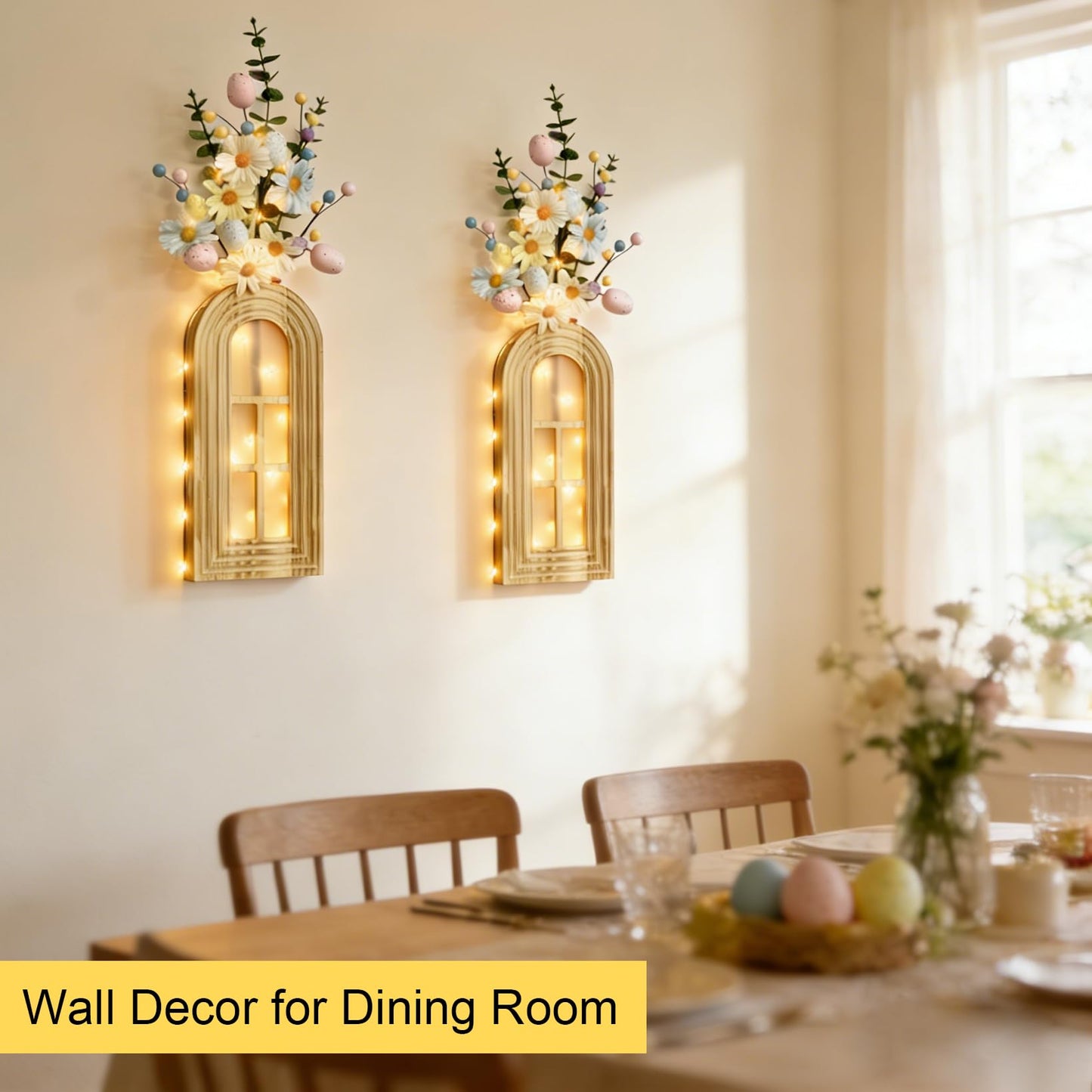 HOMECOR Easter Wall Decor Set of 2 - Boho & Modern Farmhouse Hanging Wooden Vase with Fairy Lights & Artificial Plants, Spring Wall Art for Living Room, Bedroom, Bathroom, Mothers Day Home Decor Gift