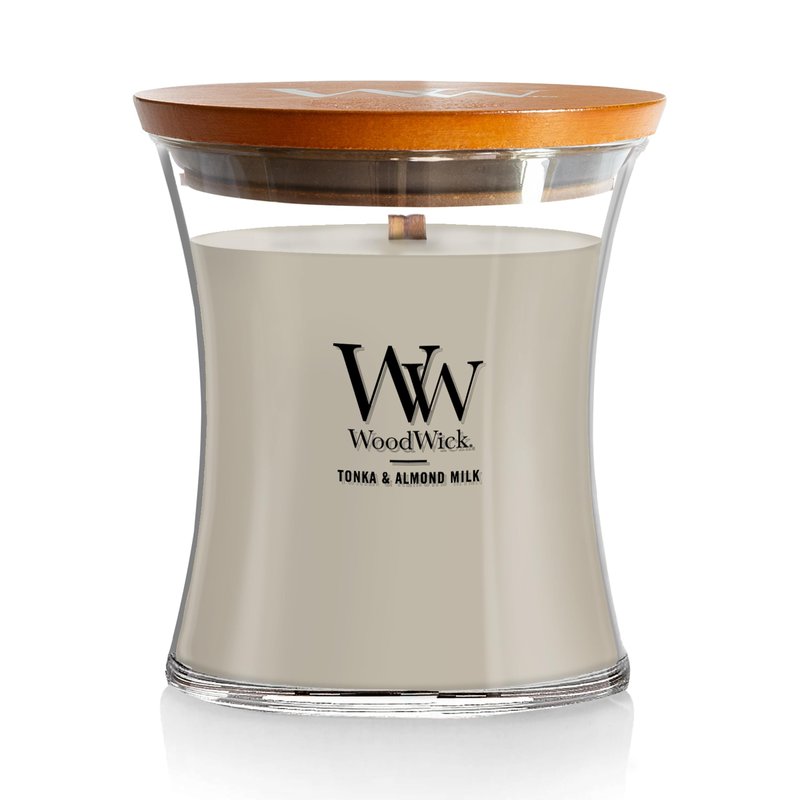 WoodWick Tonka & Almond Milk Gifts for Women and Men, 9.7 oz Medium Hourglass Candle with Crackling Wick