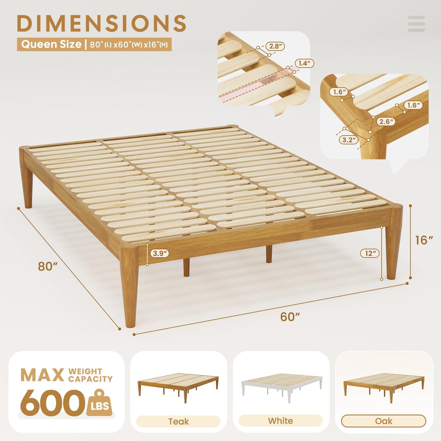 IOTXY Queen Platform Bed Frame - Solid Wood 16-Inch Height Mattress Foundation Base with Densely Slats and Heavy-Duty Support Legs, No Box Spring Needed, Oak