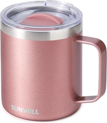 14 oz SUNWILL Travel Coffee Mug with Lid, Insulated Tumbler with Handle, Stainless Steel Cup for Ice, Water, Tea, Rose