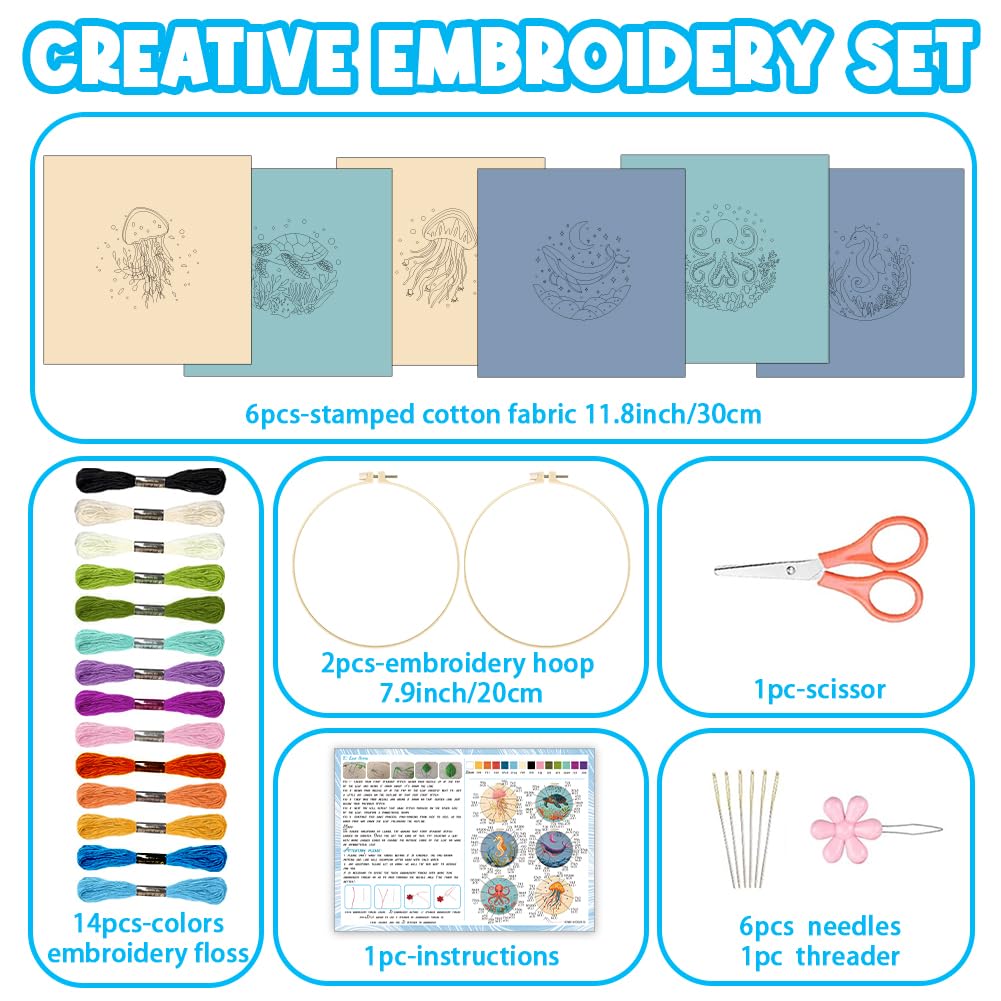 ACRNIGHEET 6PCS Embroidery Kit for Adults Beginners, Sea Animals Embroidery Starter Kit, Stamped Cross Stitch Kits for Crafts Lovers Gift Idea, Include Instructions 6 Stamped Embroidery Cloth 2 Hoop