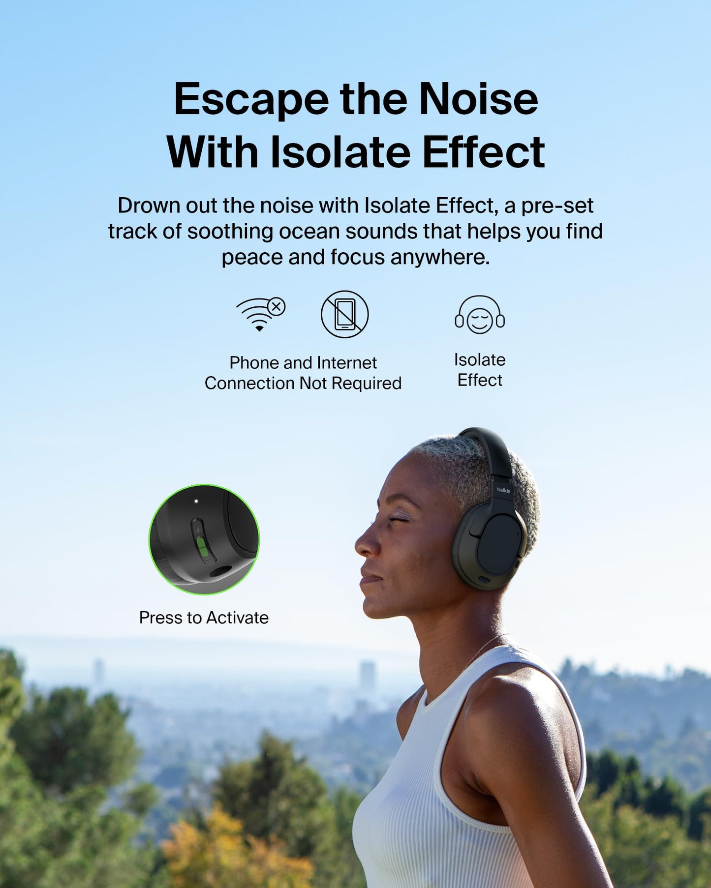 Belkin SoundForm Isolate Bluetooth Over-Ear Headphones - Hybrid Active Noise Cancelling Headphones - Wireless w/ 60H Playtime, Fast Charging & CloudCushion Ear Cups for Travel, Home, or Office - Black