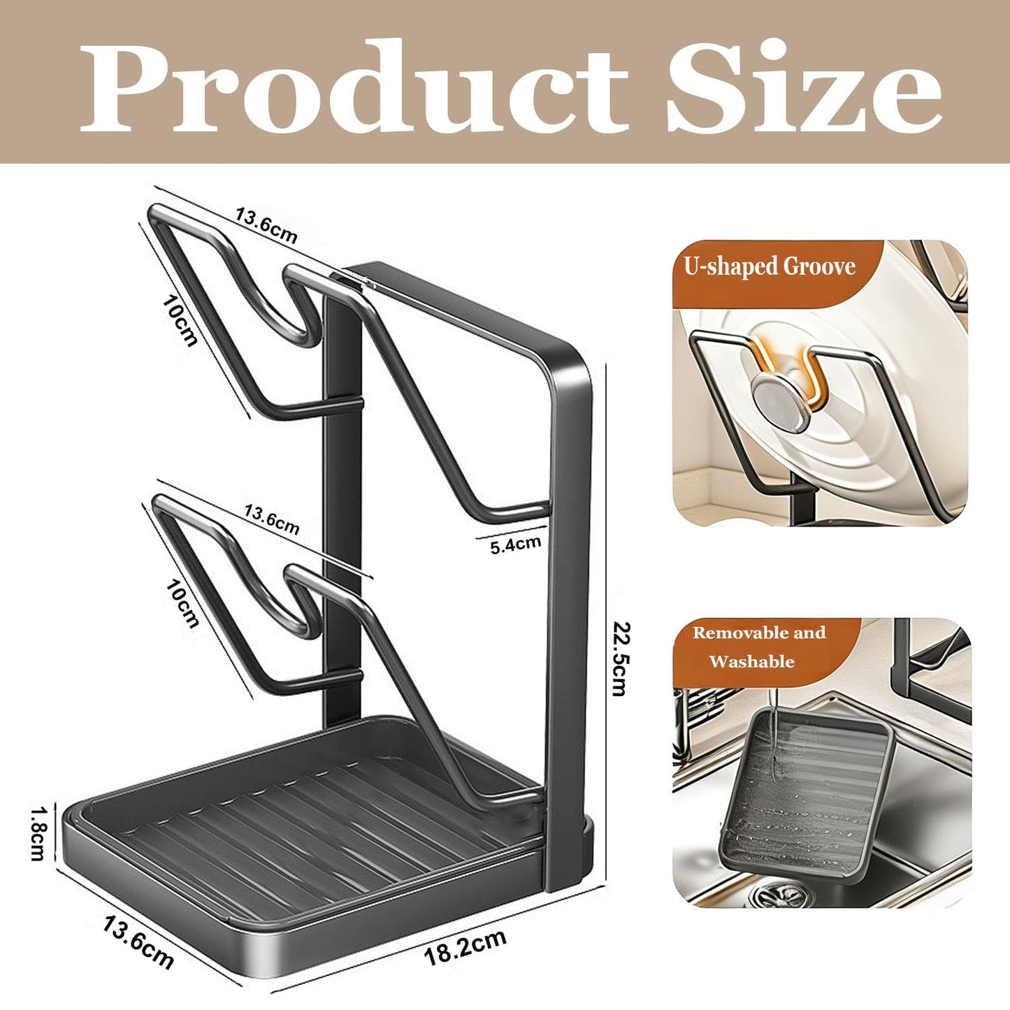 POCONT Kitchen Pot Lid Storage Rack, Carbon Steel Pot Lid Holder with Spoon Rest While Cooking, Multifunctional Countertop Organizer with Removable Drip Tray for Cutting Boards, Ladles