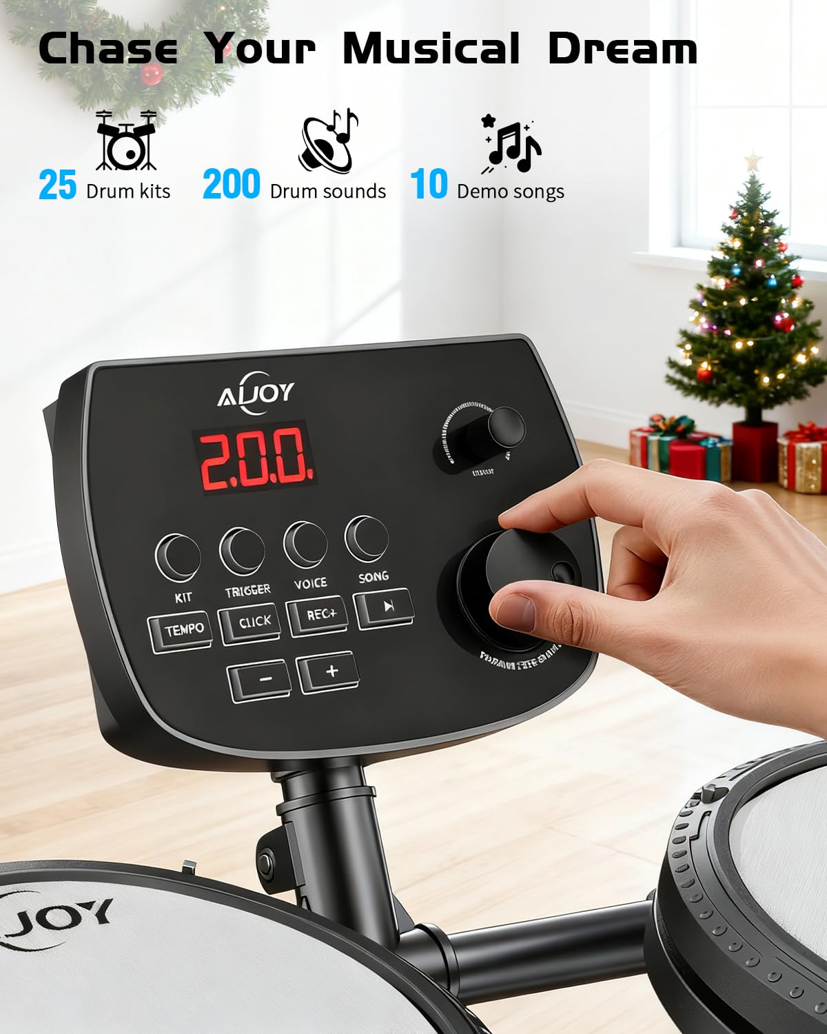 AiJoy Electric Drum Set for Beginners & Adults, Quiet Mesh Pads Digital Drum Kit, Dual-Zone Snare, 5 Drums 3 Cymbals, 195+ Sounds, USB MIDI, Includes Throne, Headphones & Sticks for Apartment Practice