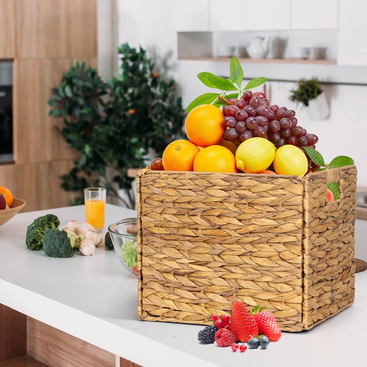 WEAVELYRICS Rectangular Storage Baskets 13x11in, 4 Pack Water Hyacinth Wicker Bins with Handles, Foldable Natural Organizer for Shelves Kitchen Closet, Handwoven Storage Cubes