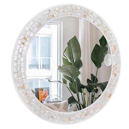 DUQIMO Mosaic Mirrors for Wall 30 Inch, Natural Mother of Pearl Inlay White Framed Round Mirror for Bathroom, Bedroom or Entryway
