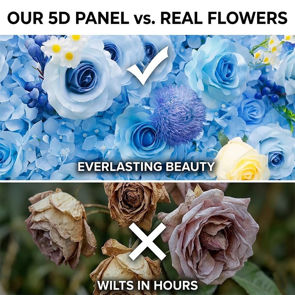 4x8 ft Blue Flower Wall Backdrop, Roll-Up Silk Hydrangea Rose Floral Wall, High-Density Realistic Flower Background for Wedding, Boy Baby Shower, Party Decor & Events (4x8 ft, Panel Only)