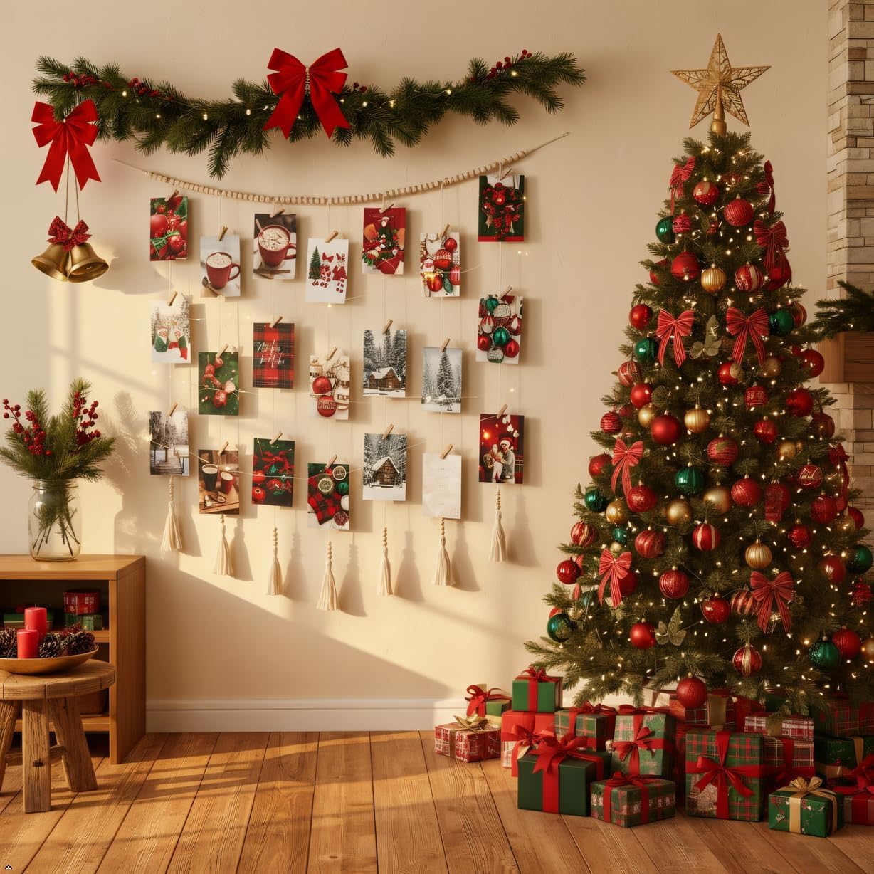 Funvalley Surperfect Macrame Hanging Photo Display Wall Decor with String Lights, Boho Wooden Beads Garland Collage Picture Card Frame Holder with 45 Clips for Bedroom Living Room Dorm