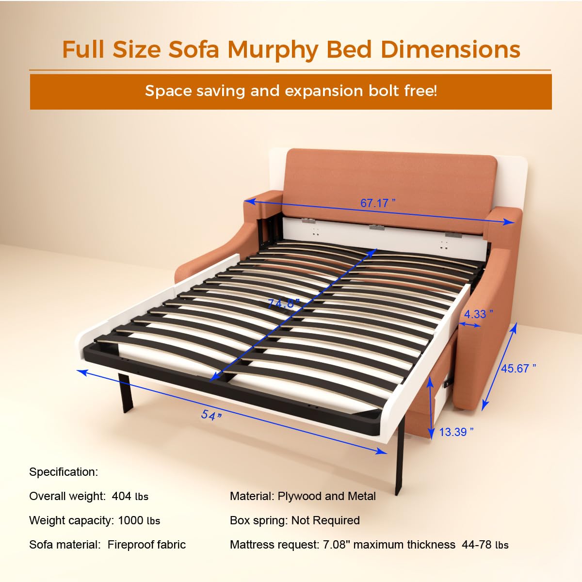Ball & Cast Murphy Bed Full Size,Cabinet Wall Bed with Sofa,Space-Saving Hideaway w/Hidden Storage Space Gas Struts,Wood Multifunction Furniture for Small Bedroom,Orange