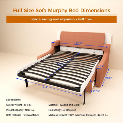 Ball & Cast Murphy Bed Full Size,Cabinet Wall Bed with Sofa,Space-Saving Hideaway w/Hidden Storage Space Gas Struts,Wood Multifunction Furniture for Small Bedroom,Orange