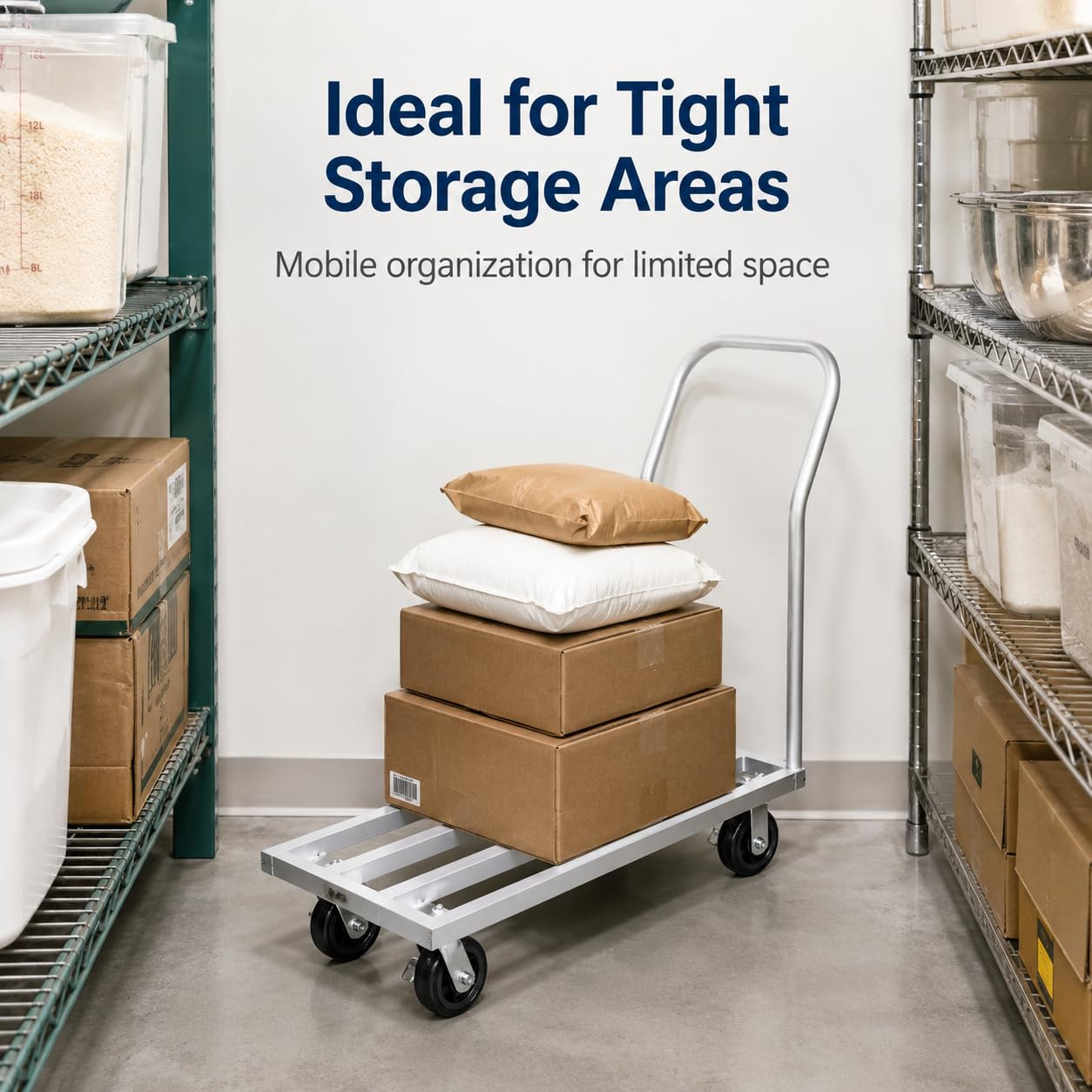 20" x 48" Mobile Aluminum Dunnage Rack with Handle, 1600 lb Capacity Heavy Duty Platform Cart with Casters, Rolling Storage Rack for Commercial Kitchen, Restaurant, Warehouse, Pantry and Bulk Supplies