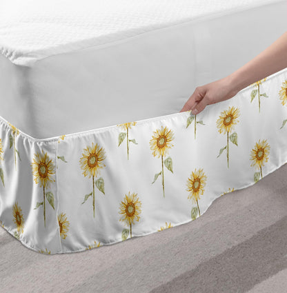 Lunarable Sunflower Bedskirt, Hand Drawn Floral Watercolor Pattern, Elastic Gathered Design, Full, Green Ginger