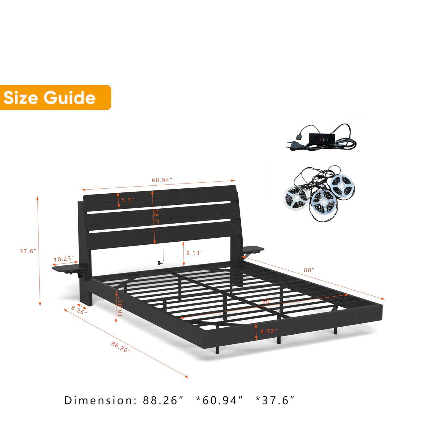 KEIKI Queen Size Floating Bed w/Storage Headboard & Tabletop, Farmhouse Wood Platform Beds Frame w/Light & Charging Station, Solid Bedframe Queen, No Box Springs Needed, Easy Assembly, Black