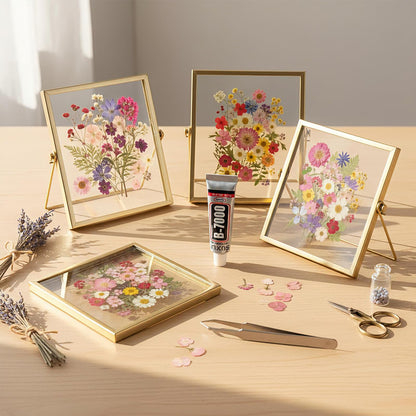 Thyle Flower Frame Pressed Kit, Include 4 Pcs Gold Metal Picture Frames and 140 Pcs Dried Pressed Flowers for Crafts DIY Floating Photo Frame for Tabletop Display, Home Decor, Gifts