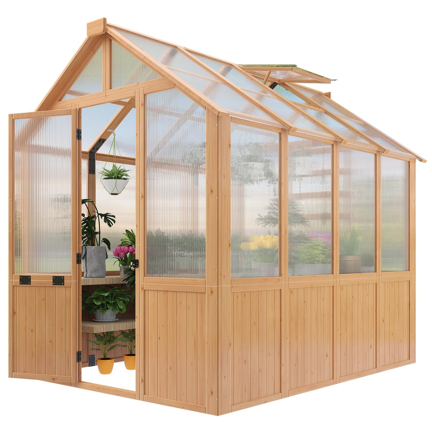 EROMMY 6x8 FT Wooden Greenhouse for Outdoors, Walk-in Greenhouse Kit with 4mm Polycarbonate Panels, Adjustable Roof Vent, Lockable Door, Outdoor Greenhouse for Backyard Garden