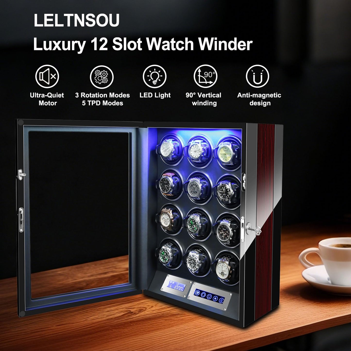 LELTNSOU Watch Winder for 12 Winding Spaces Automatic Watches, Ultra-Quiet Japanese Motors, Built-in LED Illumination and LCD Touchscreen Control
