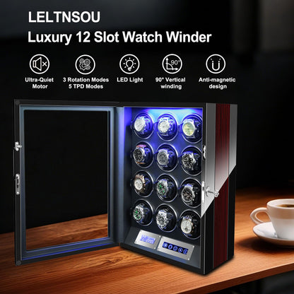 LELTNSOU Watch Winder for 12 Winding Spaces Automatic Watches, Ultra-Quiet Japanese Motors, Built-in LED Illumination and LCD Touchscreen Control