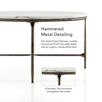 24/7 Shop at Home Aureum Modern 35-inch Round Marble Top Coffee Table with X-Brace, Hammered Dark Bronze Metal Frame for Living Room, Office, White