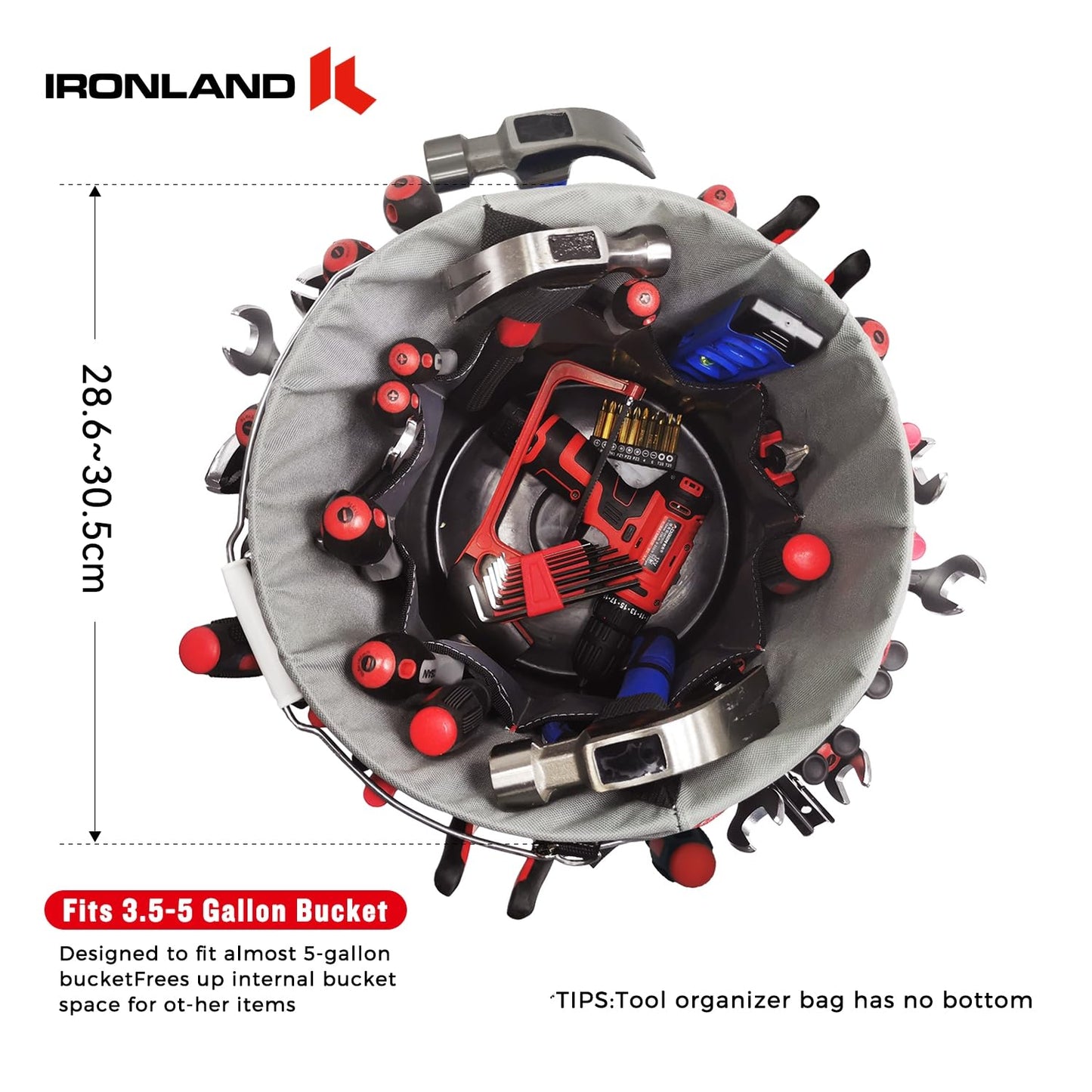 IRONLAND Bucket Tool Organizer Fit 3.5-5 Gallon Bucket, 51 Pockets, Bucket Tool Caddy Organization for Garden, Construction, Carpenter, Electrician, Welding, Builder Red & Black