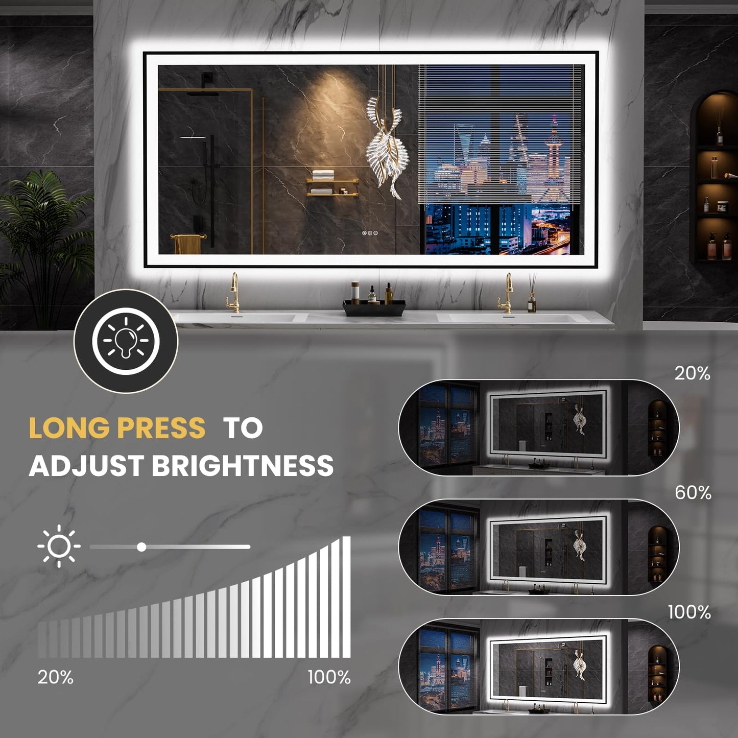 LOAAO 84"X40" LED Bathroom Mirror Black Framed, Anti-Fog, Dimmable, Lighted Bathroom Vanity Mirror for Wall, Memory Function, Tempered Glass