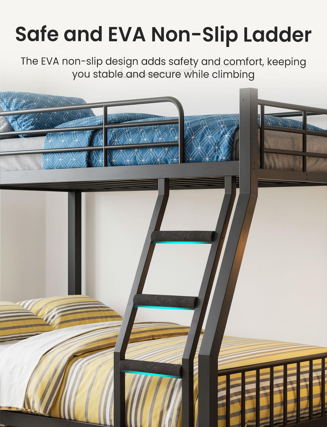Mixcous Twin XL Over Queen Bunk Bed, Heavy Duty Queen Bunk Bed for Adults, Metal Bed Frame with Full-Length Guardrails & EVA Padded Anti-Slip Ladder, No Box Spring Needed, Black