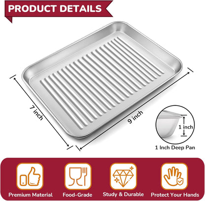 P&P CHEF Mini Toaster Oven Pan Set of 2, 9 x 7 x 1 Inch Stainless Steel Small Baking Cookie Pan for Cooking & Roasting