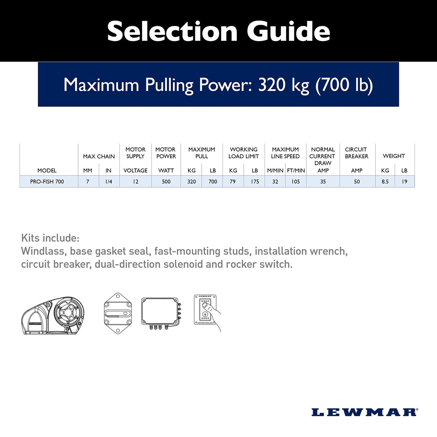 Lewmar Pro Fish 700 Fishing Windlass for 1/4" G4 Chain, Auto Free-Fall System, Maximum Pull 700 lbs., 316 Stainless Steel Construction, for Boats up to 38' - 2020201159