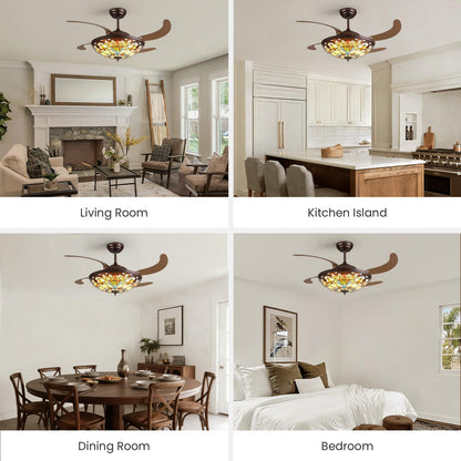 APBEAMLighting 52inch Ceiling Fan Tiffany Style Stained Glass Retractable Ceiling Fans with Remote & Dimmable Light 6-Speed Reversible Motor for Bedroom Dining Room Living Room Kitchen