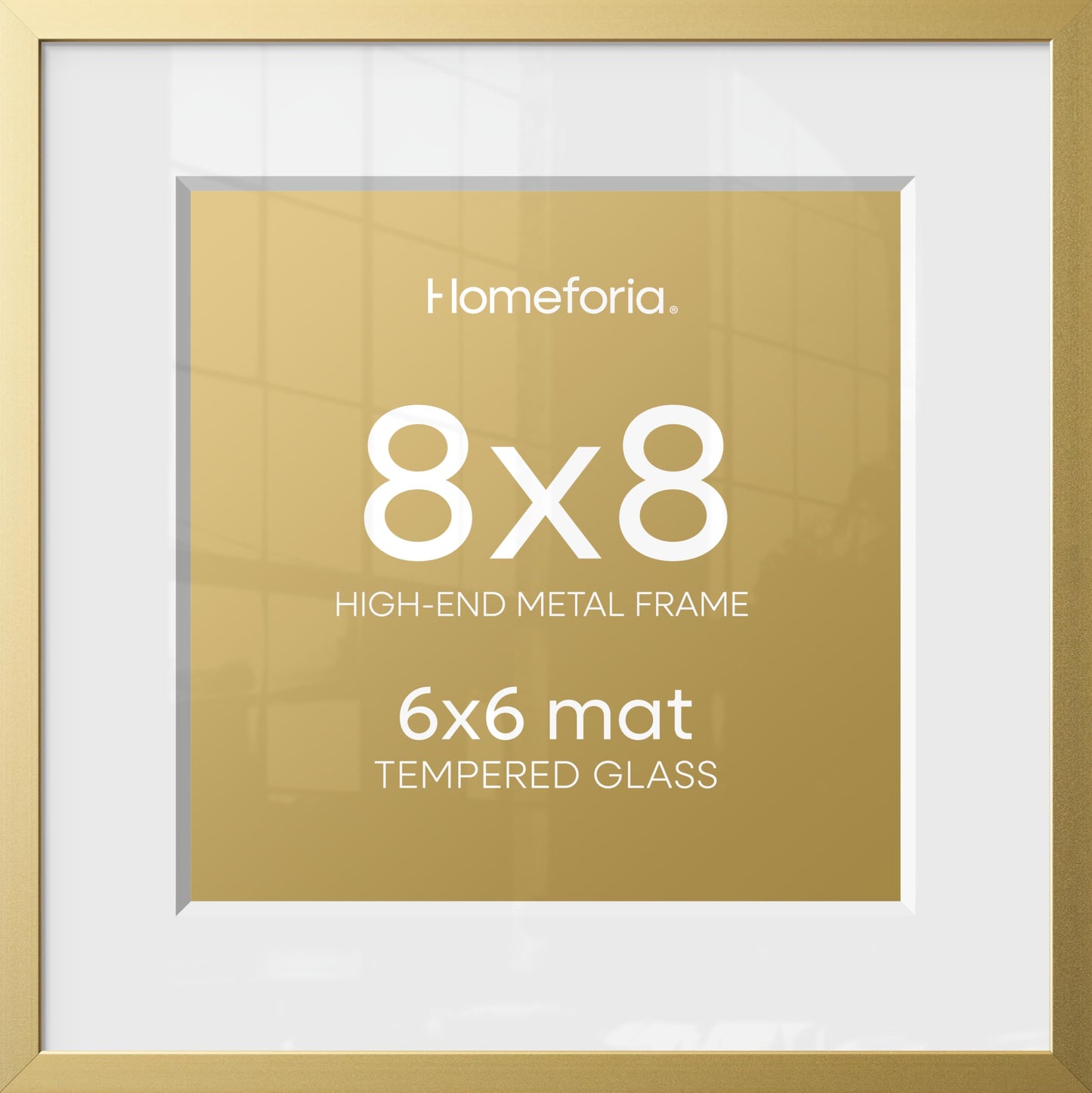 Homeforia 8x8 Picture Frame Gold, High End Metal 8 x 8 Square Photo Frames with Mat 6 by 6, 8x8 Poster Frame Matted to 6x6 inches Print, 8by8 Wall or Tabletop Frame, Tempered Glass, Wall Kit, Set of 1