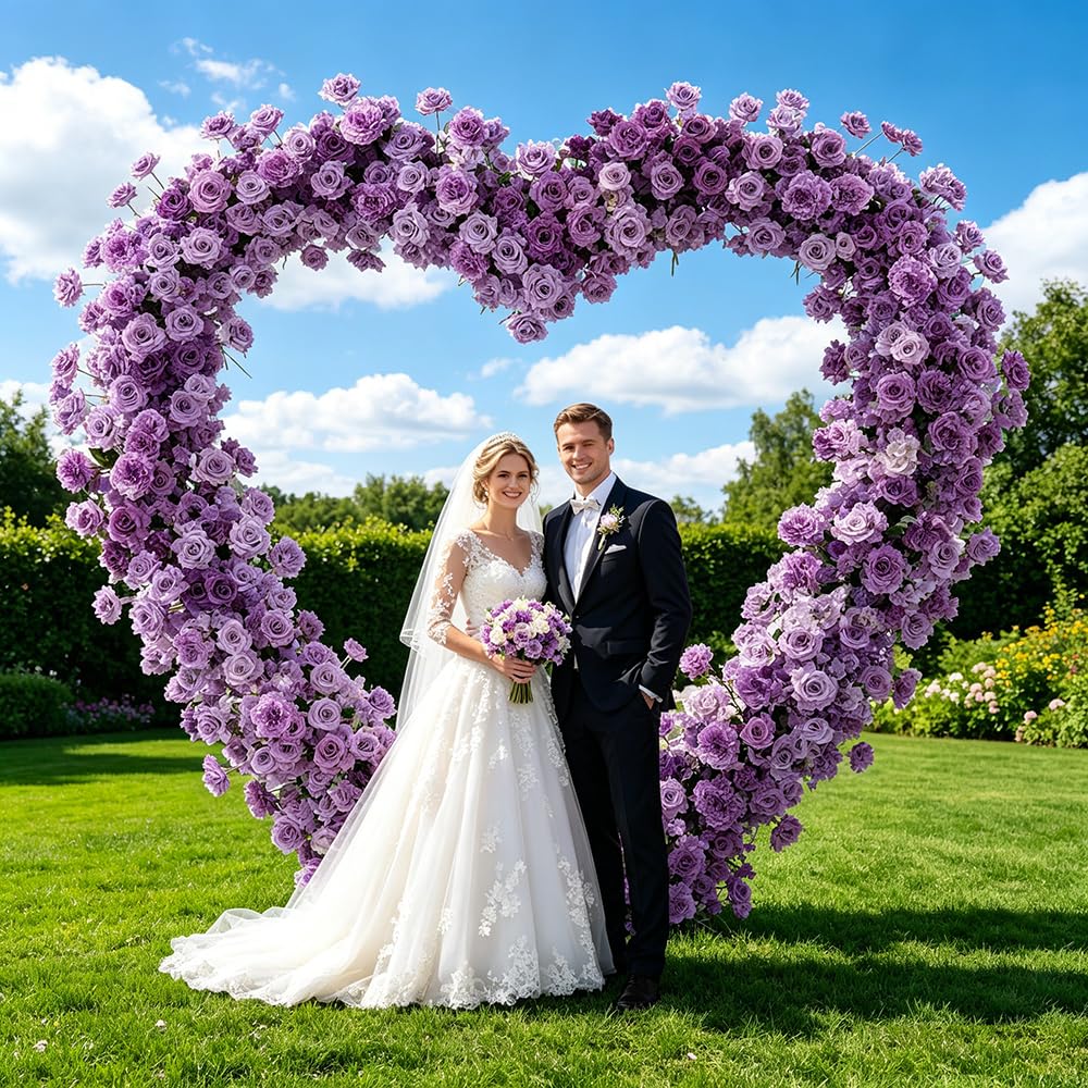 Heart Arch Stand for Proposal, Artificial Flower Heart-Shaped Arch Backdrop for Proposal, Wedding, Party Decor Decoration, Indoor & Outdoor Use with Roses (Purple+White)