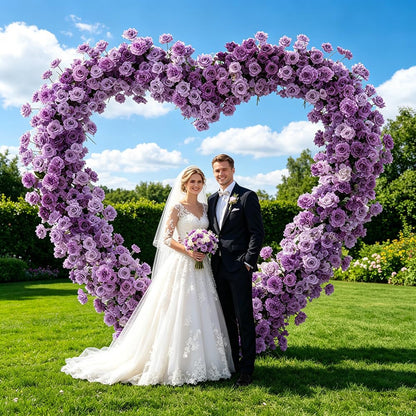 Heart Arch Stand for Proposal, Artificial Flower Heart-Shaped Arch Backdrop for Proposal, Wedding, Party Decor Decoration, Indoor & Outdoor Use with Roses (Purple+White)