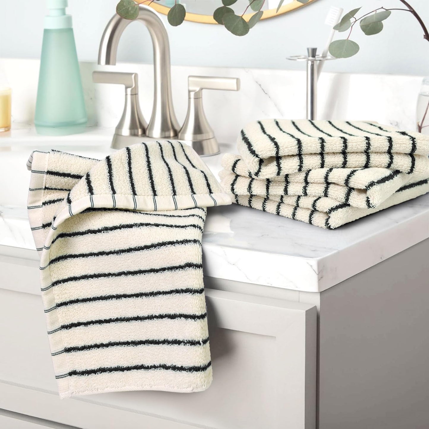 12 Pack, 13 13 Jacquotha Striped Cotton Washcloths x - Soft Wash Cloths for Bathroom, Kitchen, Gym, Face, Black