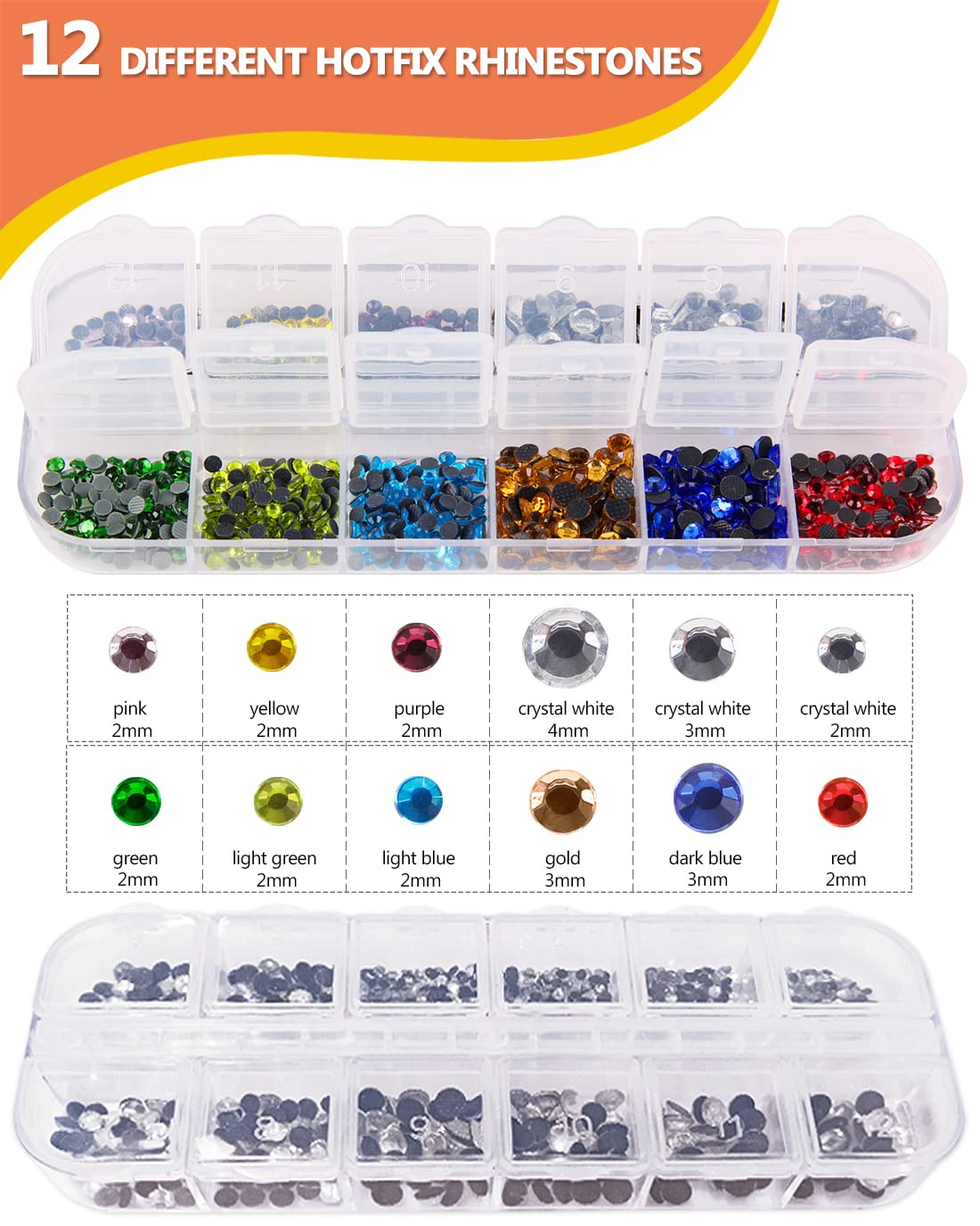 Hotfix Rhinestone Applicator, Genround Iron-on Hotfix Applicator Tool Wand Tool Set with 2 Boxes of Flat Back Gems Round Crystal Rhinestones/Storage Box/Tweezer/Gems Picking Pen for Clothes Shoes Card