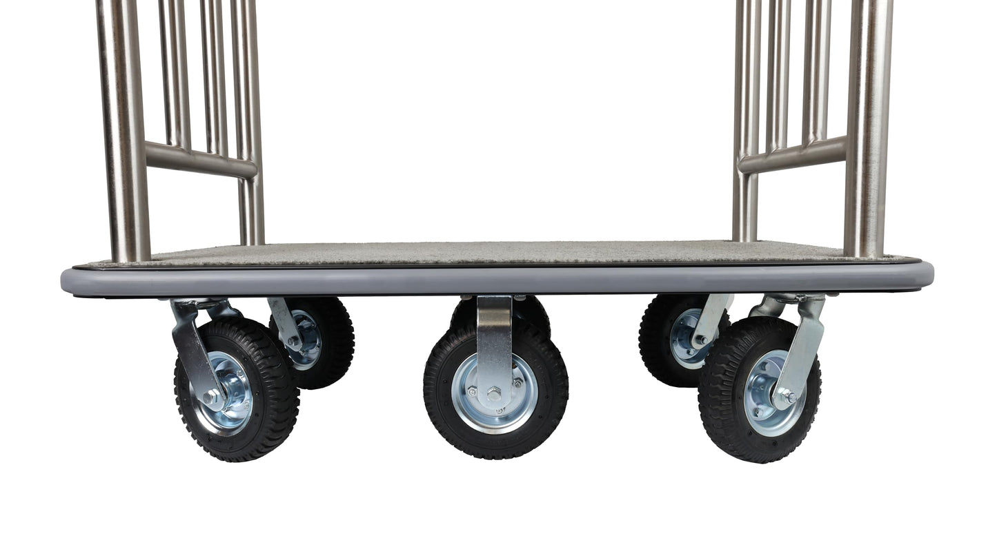Wholesale Hotel Products Brushed Stainless Steel Luggage Cart – 1500lb Capacity–Bellman Cart w/ Grey Bumper Guard, Plush Carpet, 2” Welded Steel Frame & 8" Wheels, for 5-Star Hotels (Grand Lux Series)