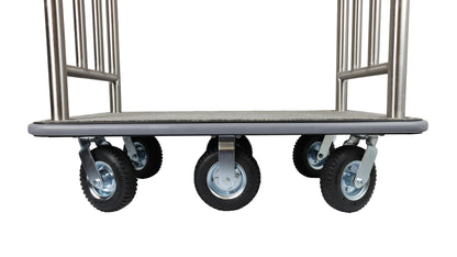 Wholesale Hotel Products Brushed Stainless Steel Luggage Cart – 1500lb Capacity–Bellman Cart w/ Grey Bumper Guard, Plush Carpet, 2” Welded Steel Frame & 8" Wheels, for 5-Star Hotels (Grand Lux Series)