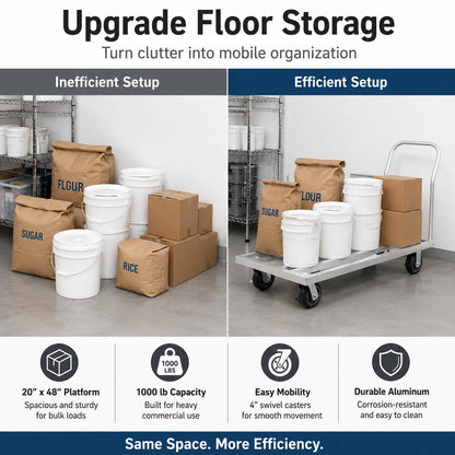 20" x 48" Mobile Aluminum Dunnage Rack with Handle, 1600 lb Capacity Heavy Duty Platform Cart with Casters, Rolling Storage Rack for Commercial Kitchen, Restaurant, Warehouse, Pantry and Bulk Supplies