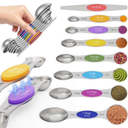 Magnetic Measuring Spoons Set of 8 - Heavy Duty 304 Stainless Steel, Triple Measurement Markings, Strong N52 Magnets, Easy to Clean, Space-Saving with Leveler Included (Colorful)