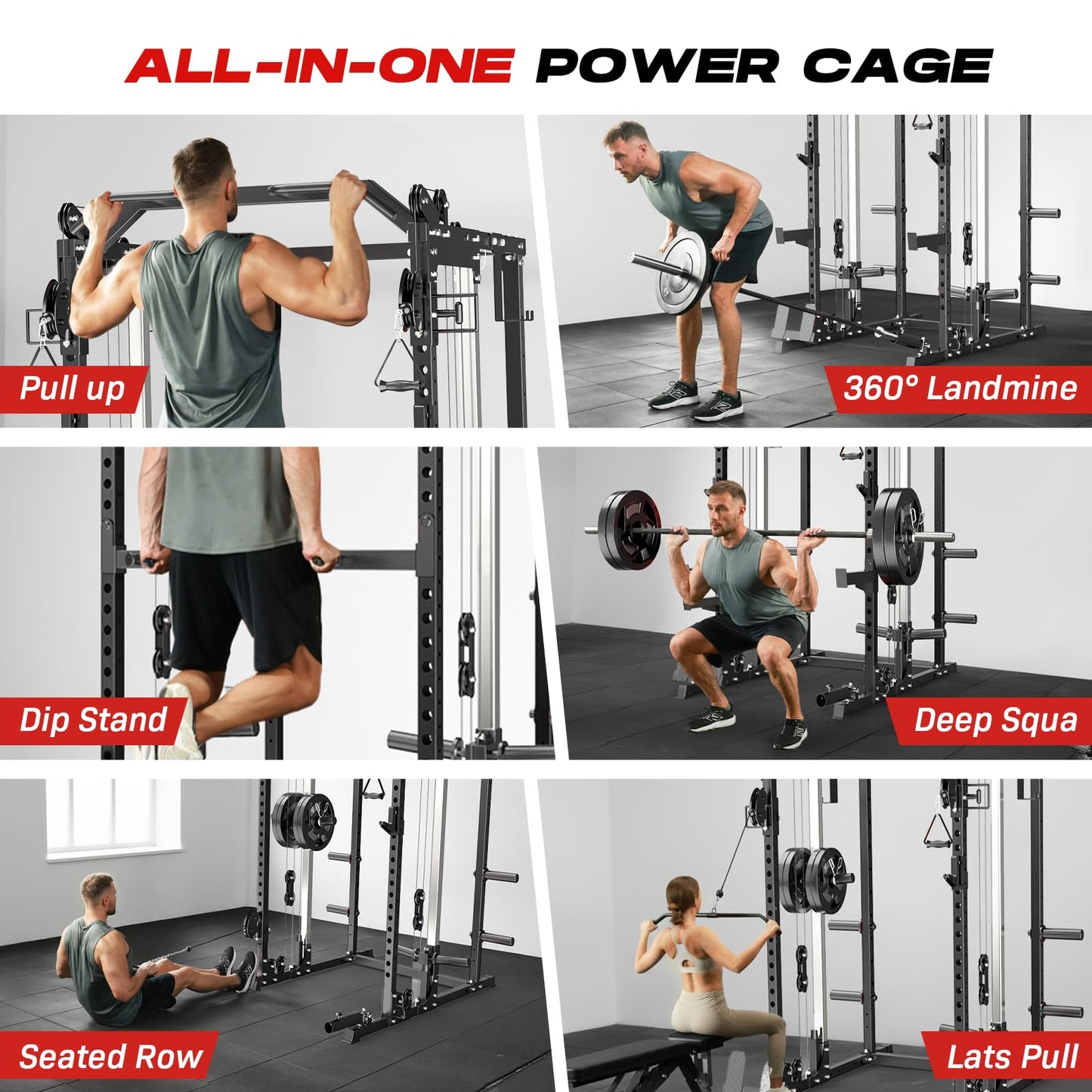Roygym 2000LBS Power Cage, Power Rack with Cable Crossover System, All-in-One Squat Rack with Dual Independent Pulley System for Home Gym, Black