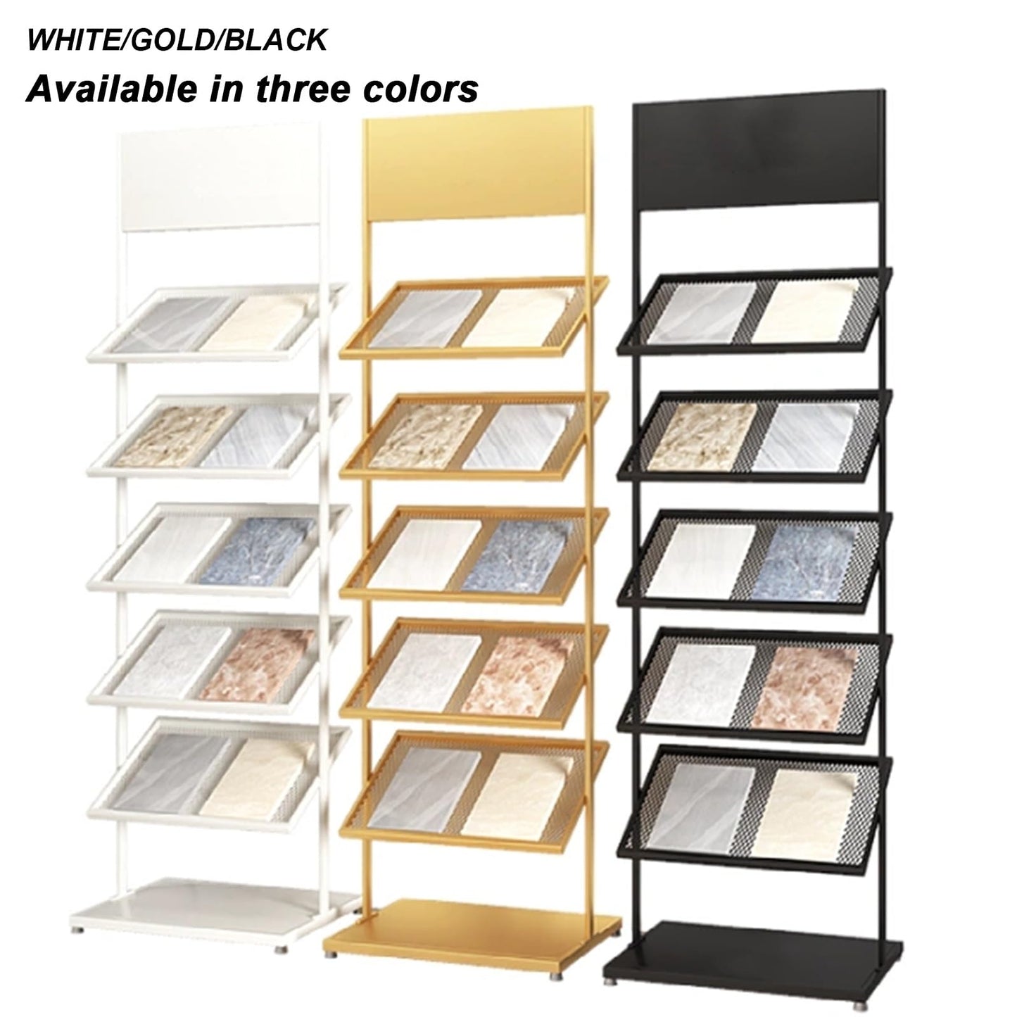 Metal Floor Tile Display Stand, Large Wooden Sample Holder, Multi-Layer Porcelain & Ceramic Tile Rack, Strong Load-Bearing Floor-Standing Shelf for Craft Shows - White, Versatile & Durable
