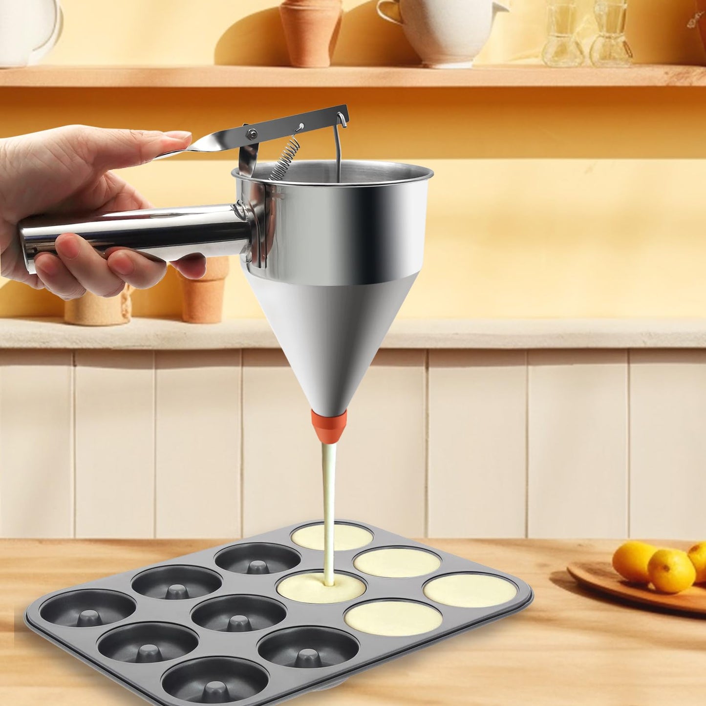 40oz Pancake Batter Dispenser, Stainless Steel Funnel Cake Dispenser with Stand Heavy Duty Baking Tool for Cupcake Waffles Cakes Takoyaki and Kitchen Baking (Large)